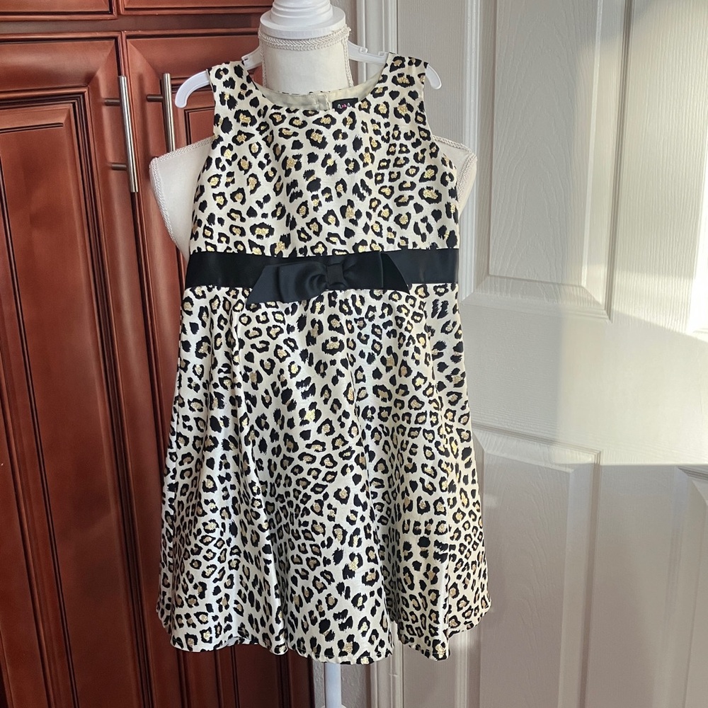 Leopard Print Kids girls midi Dress with Black/gold glam Accent